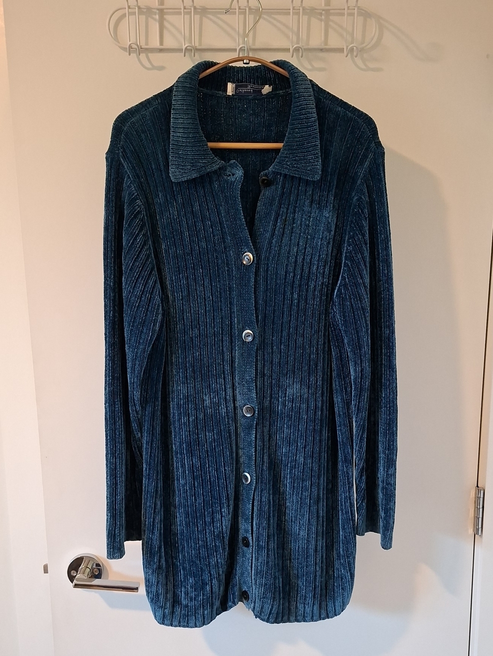 Vintage 90's Teal Chenille Wide-rib Longline Polo-neck Cardigan (Size L)